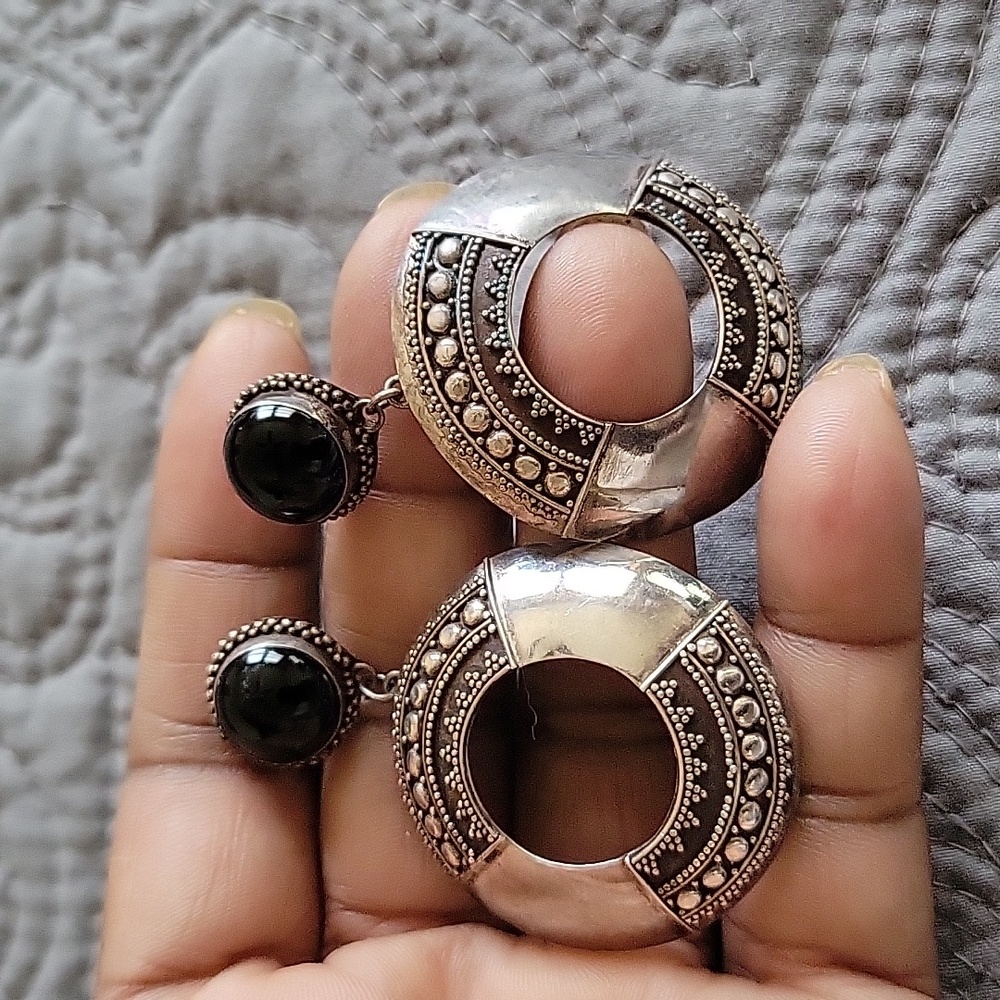 925 Sterling Silver - Vintage Black Onyx Ornate Pattern Dangle Earrings 70s